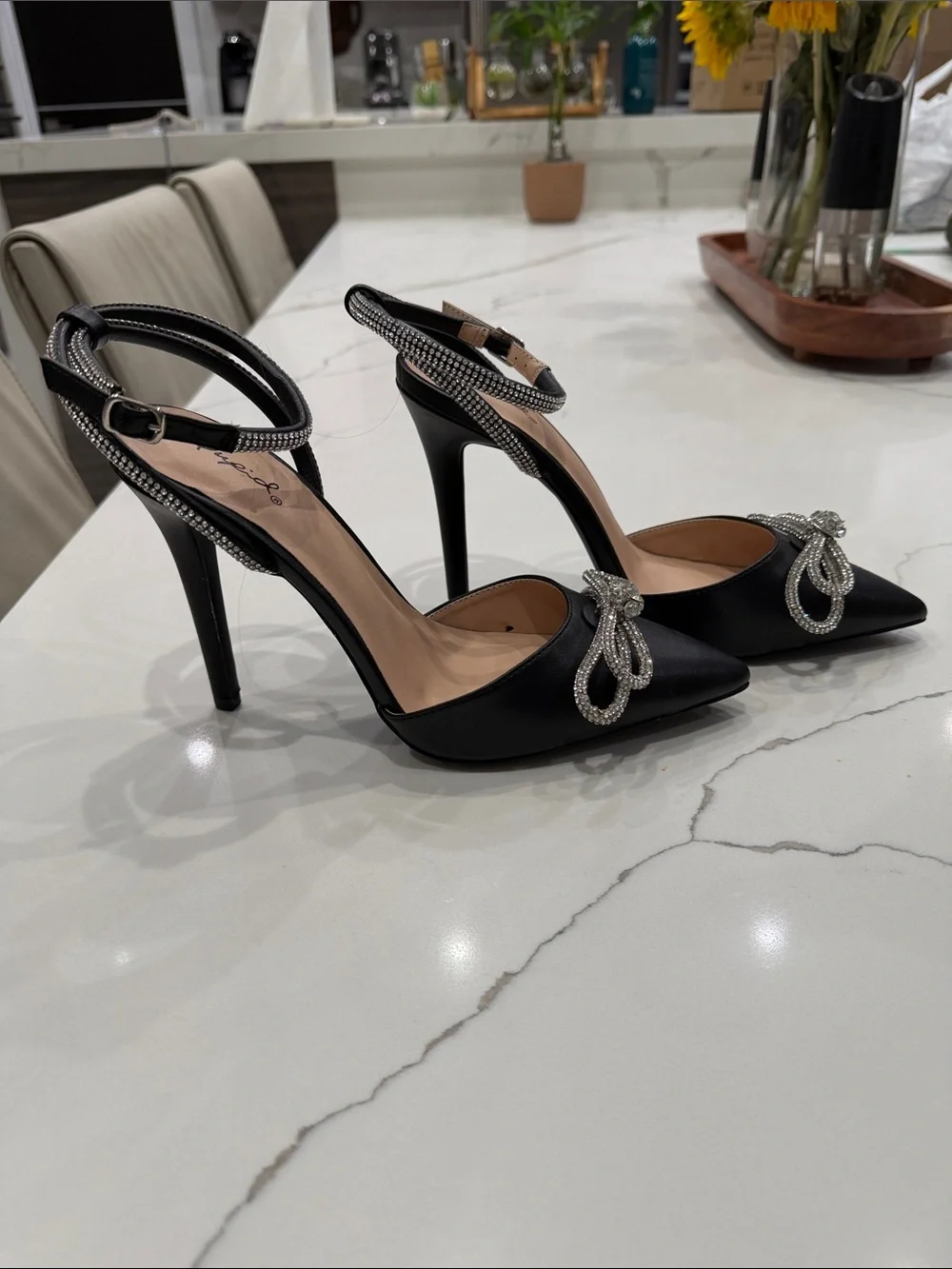 Qupid Black New Pointed-Toe Ankle-Strap Heels with Crystal Bow
